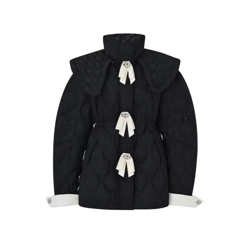 Bowknot Elegant Warm Short Cotton Coat Women 2023 Autumn Winter New Stand Collar Black White Contrast Color Warm Parkas Female