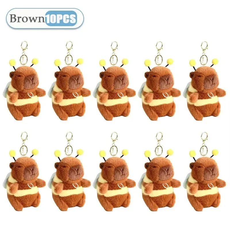 1-10PCS Brown Soft Capybara Key Ring Cross Dressing Funny Plush Bee Pendant Fur Pulling Rope Cartoon Animal Keychain Couple