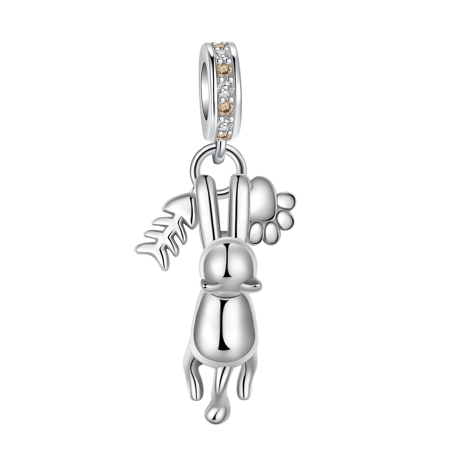 

925 sterling silver cat eats fish bones boutique pendant fit pandora original bracelet charm beads necklace Diy female jewelry