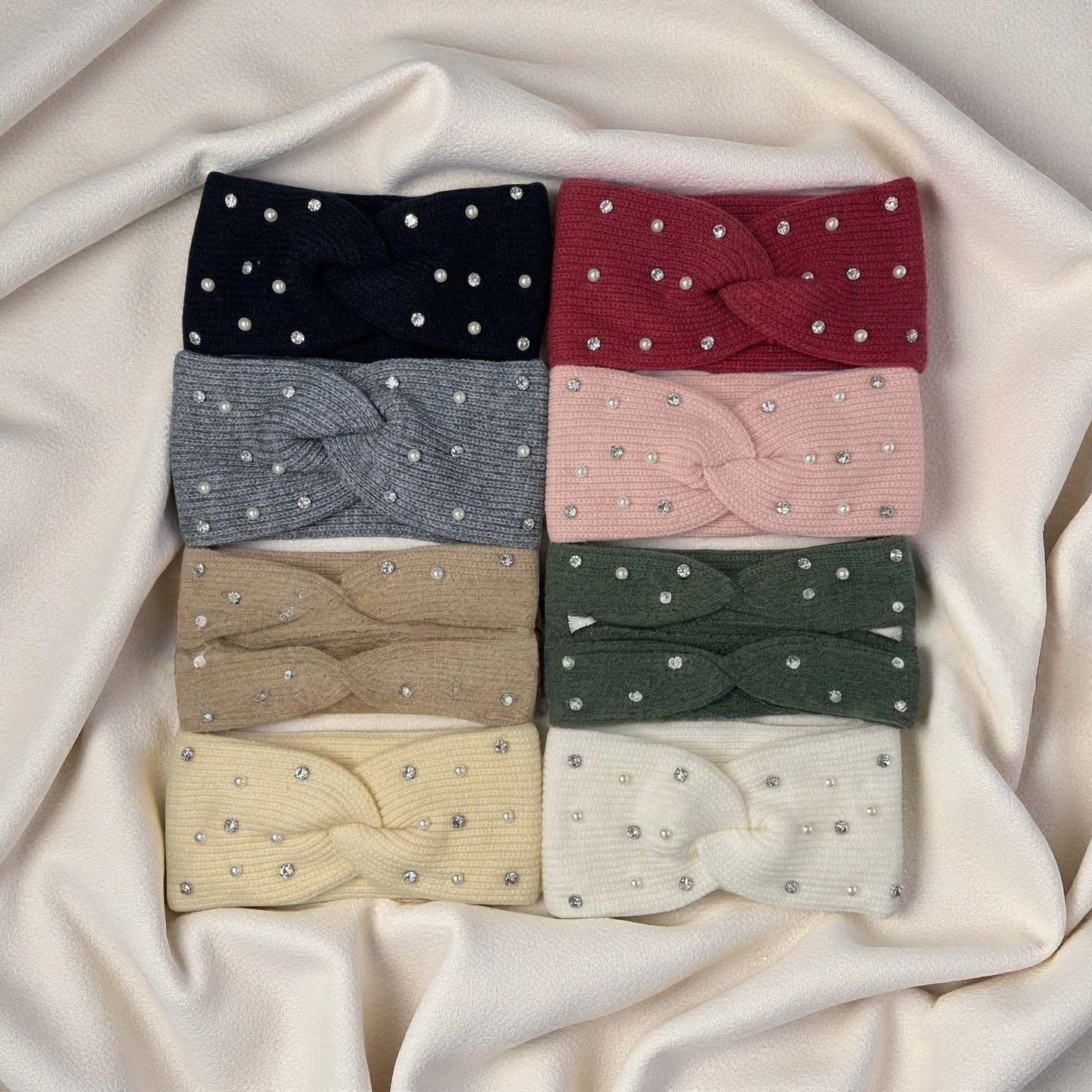 قطعة واحدة من عصابة الرأس المحبوكة المصنوعة من حجر الراين واللؤلؤ، إكسسوار شعر شتوي دافئ متعدد الألوان للنساء والفتيات كاجوال يوميًا