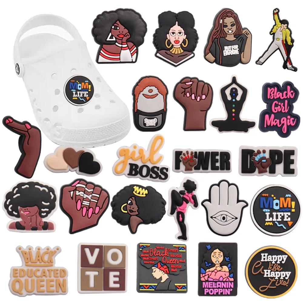 

Mix 50Pcs PVC Croc Charms Black Girl Magic Power Melanin Poppin Boss Happy Life Hole Slipper Decoration Garden Shoes Ornaments
