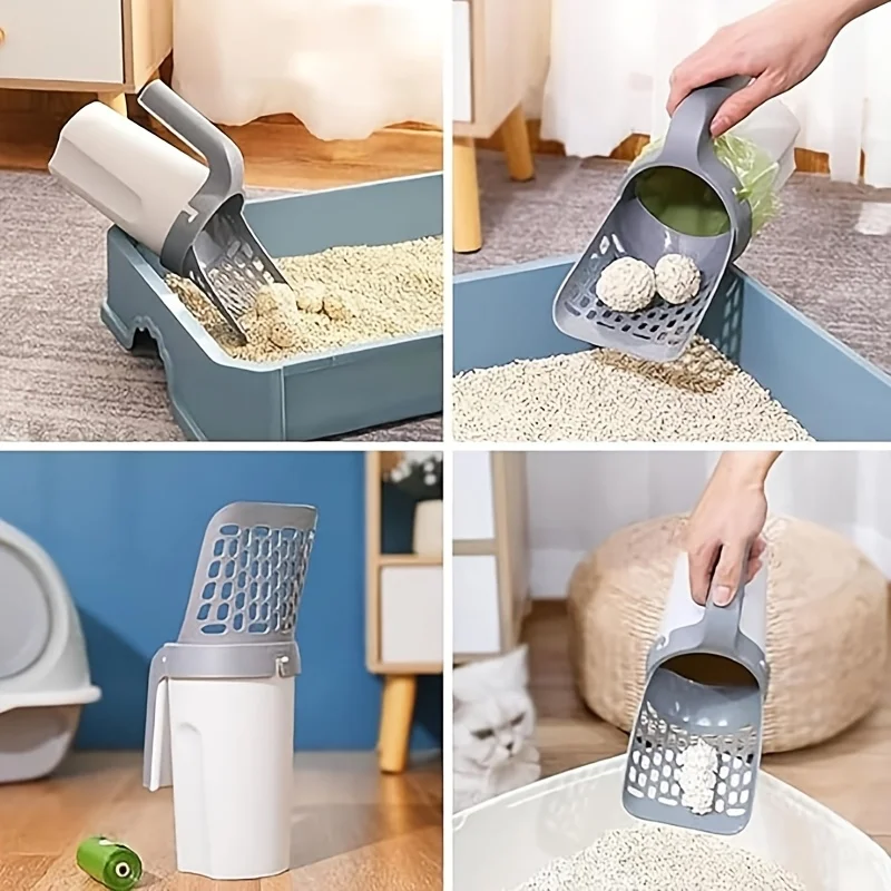 Large Capacity Cat Litter Scoop With Trash Bin Portable Long Handle Cat Poop Shovel With Waste Bags Easy Clean Tool_voghion.com