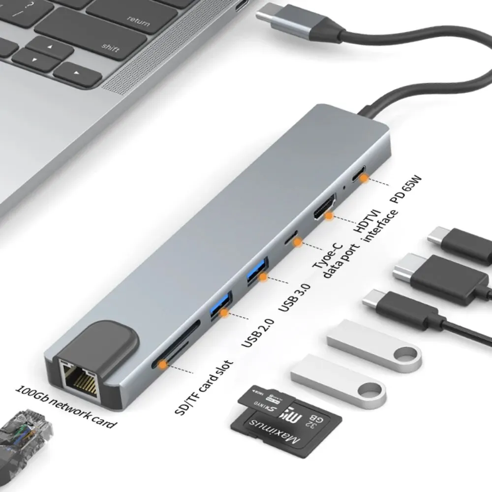 Laptop Docking Station 8 in 1 USB C Hub HDMI 100Mbps 65W PD 2 USB SD Card Reader USB C Dock Dual Monitor 4K@30Hz type c docking station docking station usb hub adapter usb hub converter