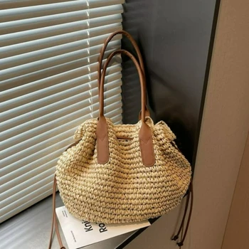 Borsa tote estiva lussuosa e versatile, borsa a tracolla da donna alla moda di grande capacità in tessuto intrecciato per uso casual, spiaggia e viaggi.