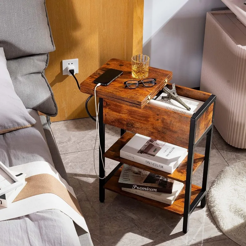 End Table with Charging Station, Flip Top Side Table with USB Ports and Outlets, Sofa Couch Table Bedside Table 2