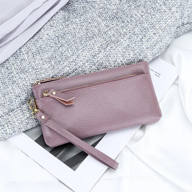 Women's Wristlet Clutch Purse Genuine Leather Clutch Cellphone Smartphone Long Wallet Vintage Purse Travel Double Zip Wristlets