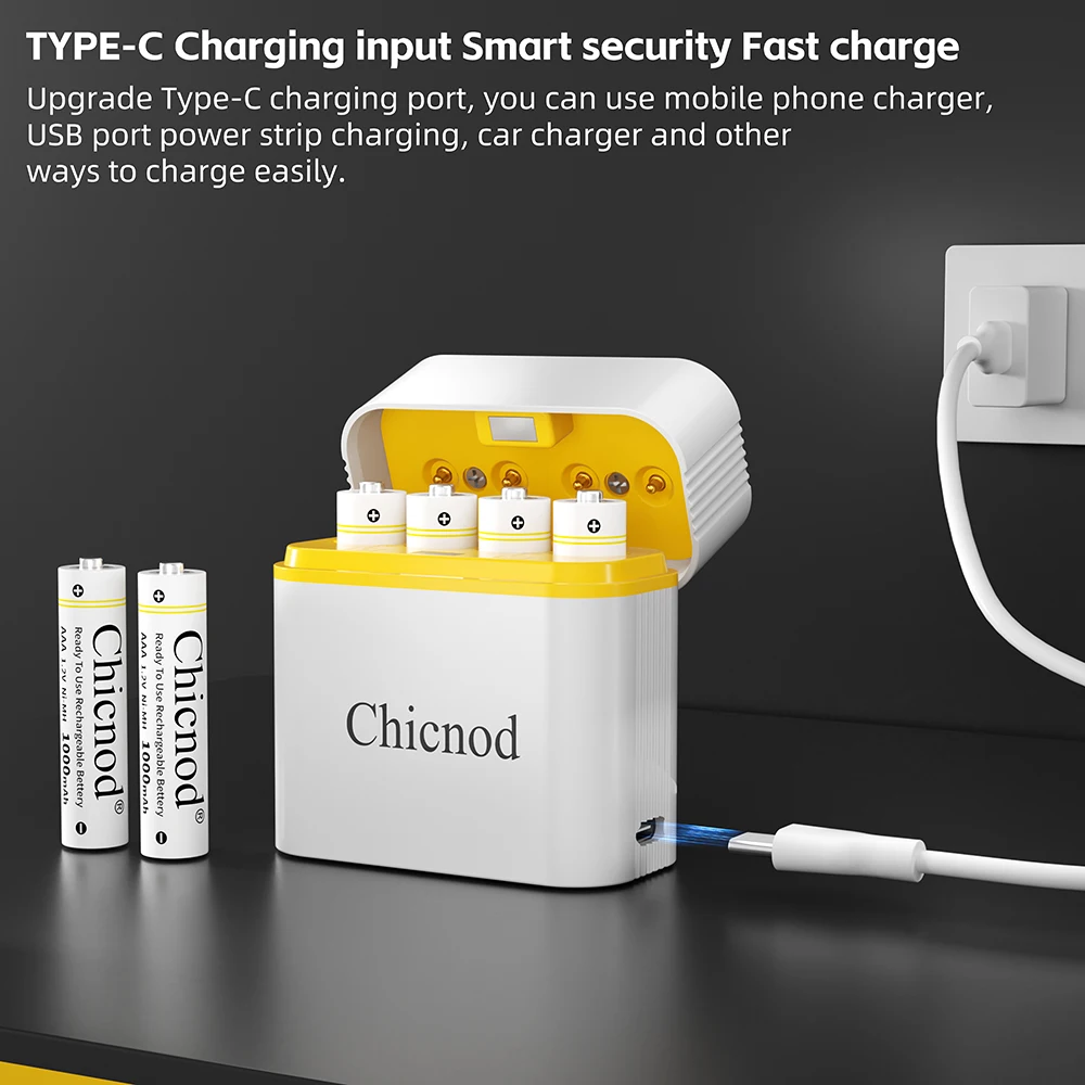 Chicnod AAA Ni-MH Rechargeable Battery Charger Set 4 Slot USB Type-C Smart Fast Charger with 4x AAA 1100mAh Batteries 1