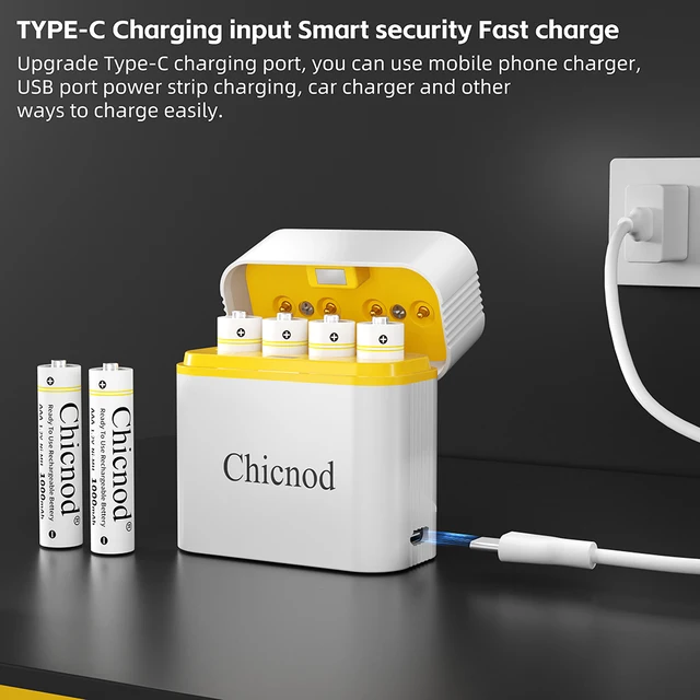 Chicnod AAA Ni-MH Rechargeable Battery Charger Set 4 Slot USB Type-C Smart Fast Charger with 4x AAA 1100mAh Batteries 1