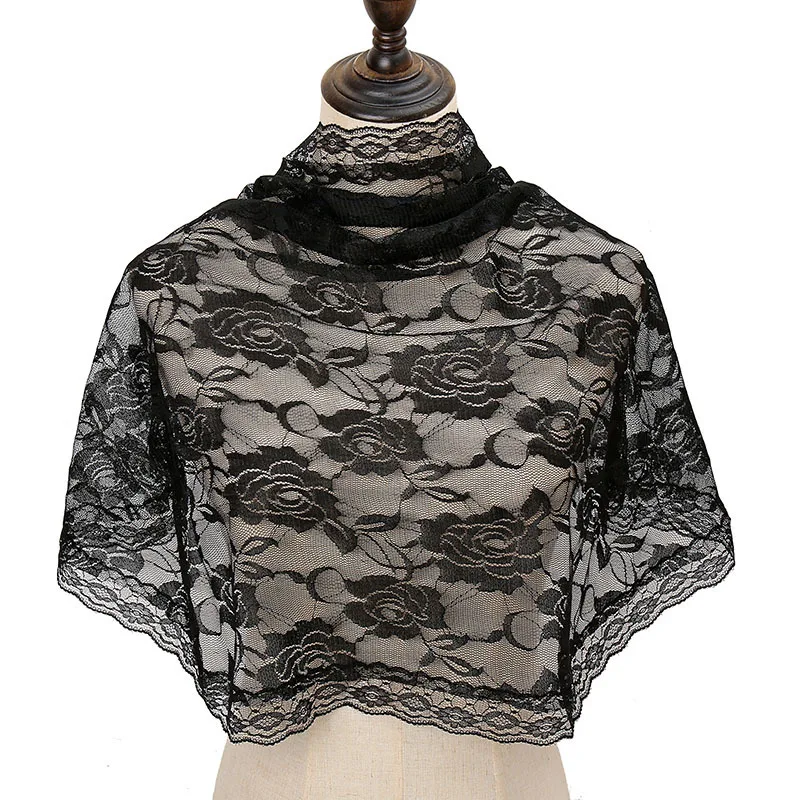 

Korean Lace Cutout Printing Wedding Turban Translucent False Collar Mesh Solid Color Scarf Neck Brace Fashion Women's Shawl A85