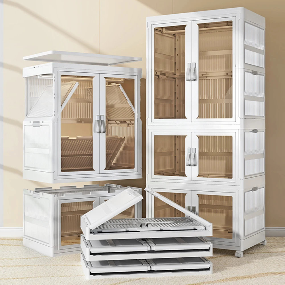 Portable Closet Storage Organizer with Hanging Rod Multi-Function Storage Shelf Large Capacity with Clear Door for Clothes Toys 4