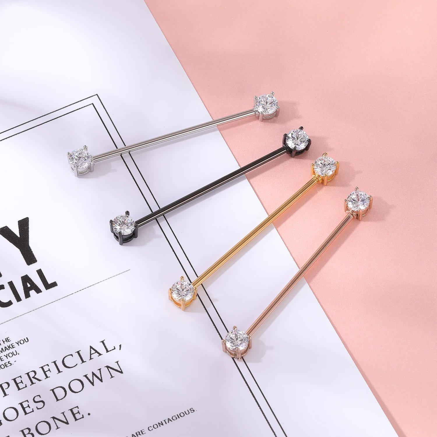 AOEDEJ 14G Industrial Barbell Piercing Set Pearl Zircon Industrial Jewelry Stainless Steel Cartilage Helix Piercings Earring 4