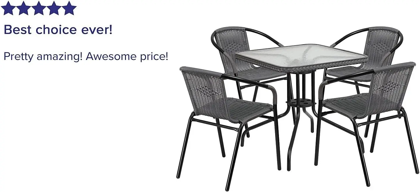 Lila 28'' Square Glass Metal Table with Dark Brown Rattan Edging and 4 Dark Brown Rattan Stack Chairs