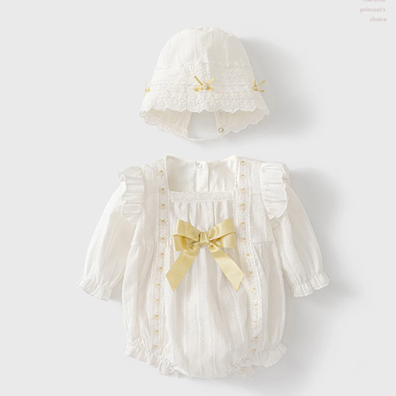 

Autumn Spring Children Clothes Newborn Baby Girls Bodysuits+Hat Lace Stitching Cotton Long Sleeve Infant Baby Girls Jumpsuit