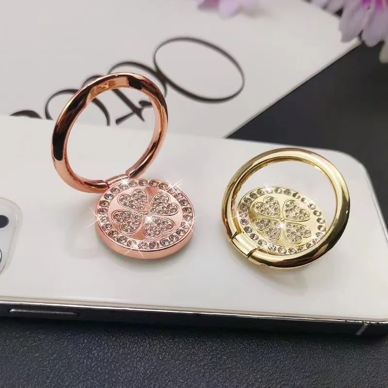 Elegant Rhinestone Four-Leaf Clover 360° Rotating Phone Ring Holder Stand