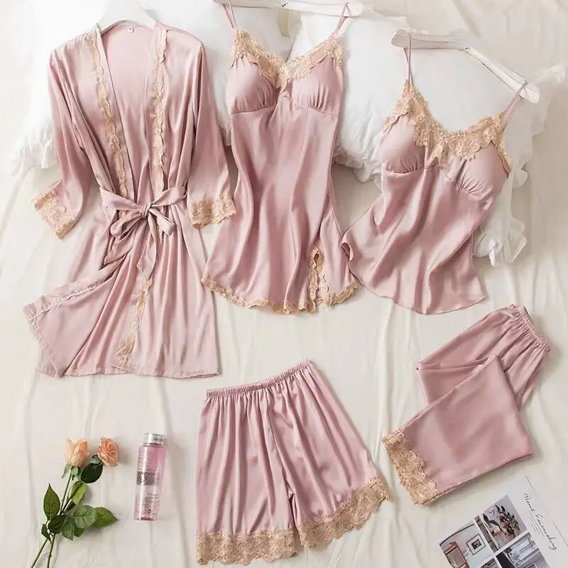nightgowns Pajamas Women's Summer Sexy dress sets 5 Piece Set of Ice Silk Thin Style Pajamas Spring and Autumn