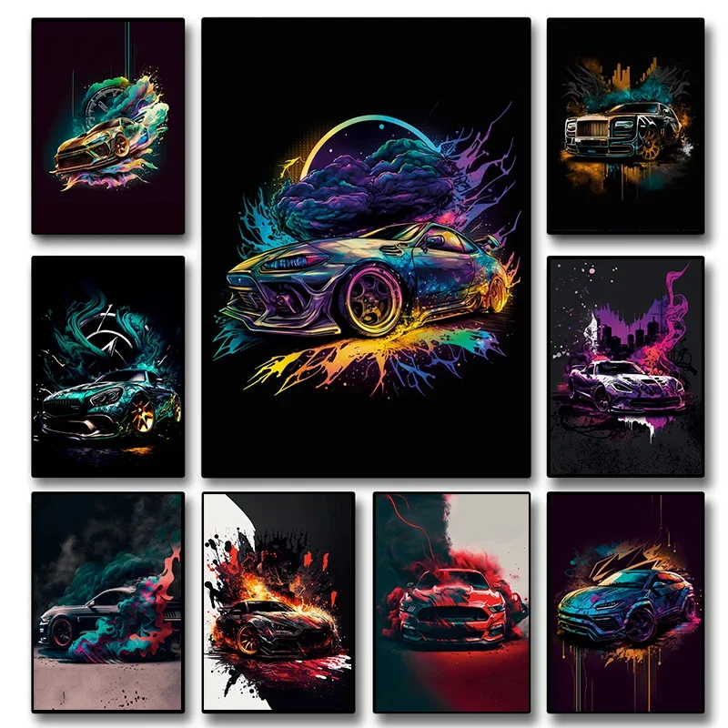 

Abstract Graffiti Car Canvas Painting Modern Luxury Racing Poster and Print Supercar Club Wall Art Room Decor Picture Mural