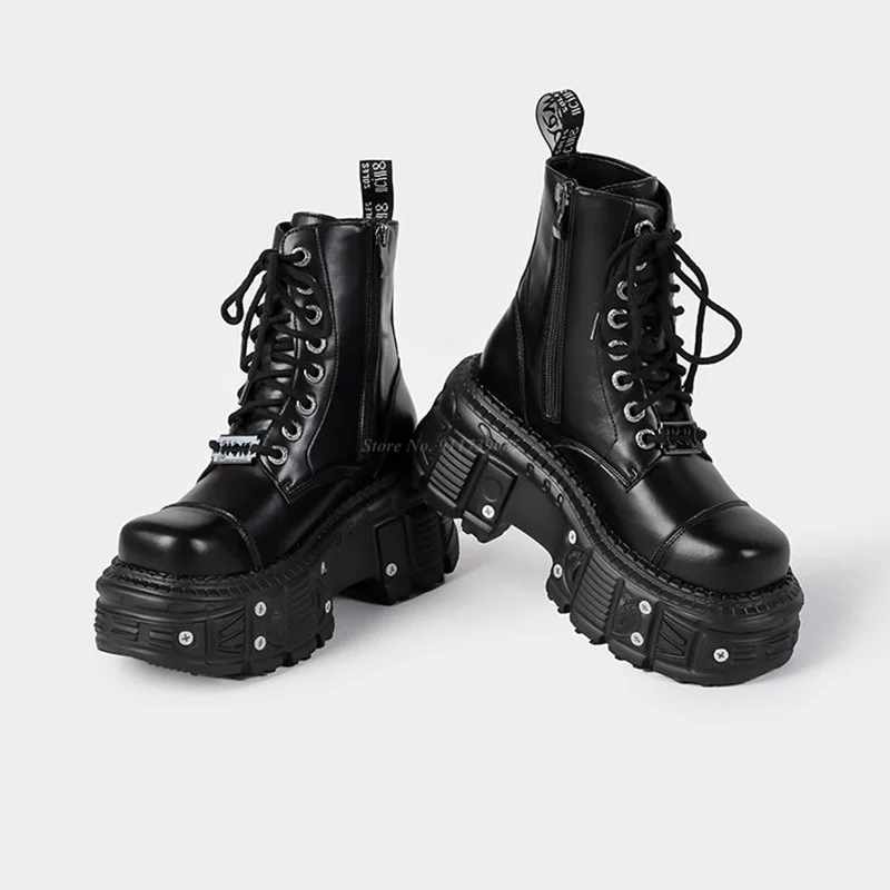 

Thick Soled Lace Up Short Punk Boots Women Metal Rivets Chunky Heel Motorcycle Shoes Black Leather Ankle Boots Big Size45