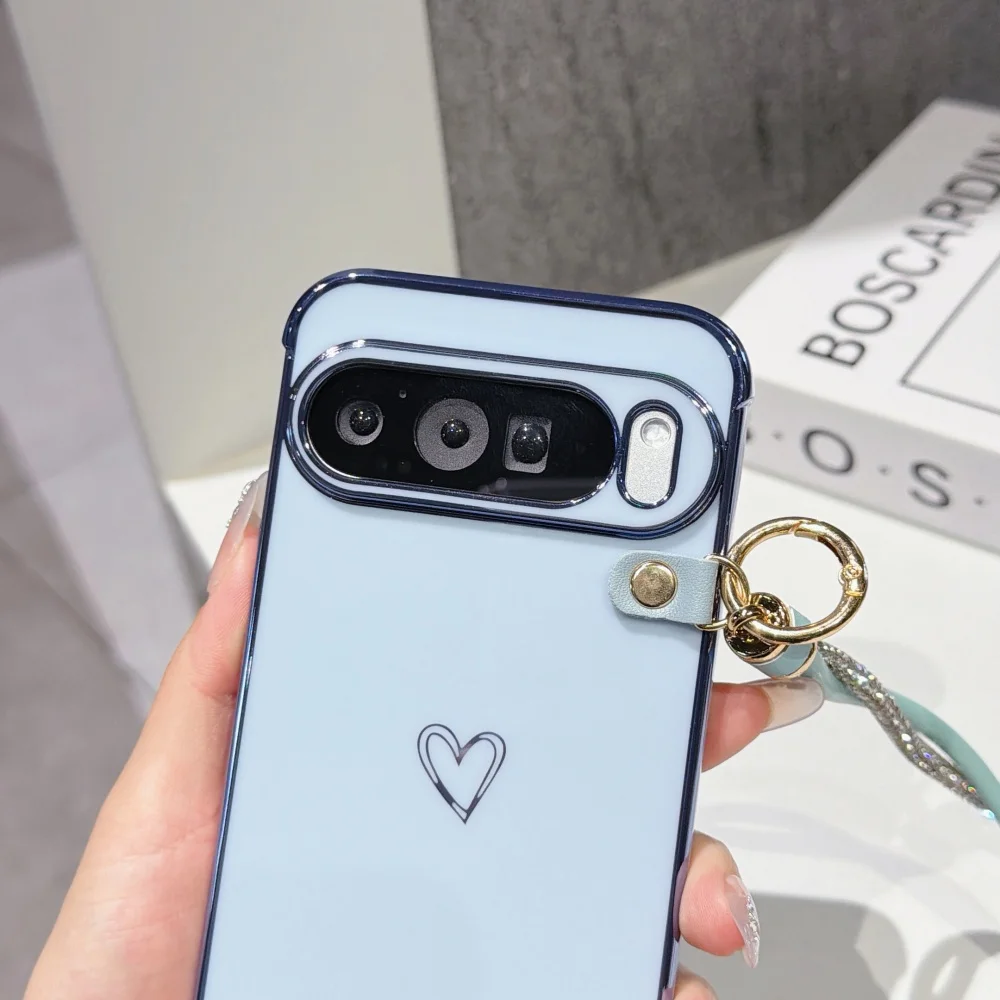 Enhanced Plating Hollow Love Phone Case with Lanyard and Wrist Strap - Shockproof Protection