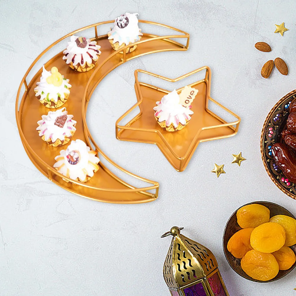 라마단 금속 서빙 접시, 라마단 금속판, Eid Mubarak 달 별 트레이, Eid Mubarak 이슬람 이슬람 Eid Al-Fitr Iftar, 2 개