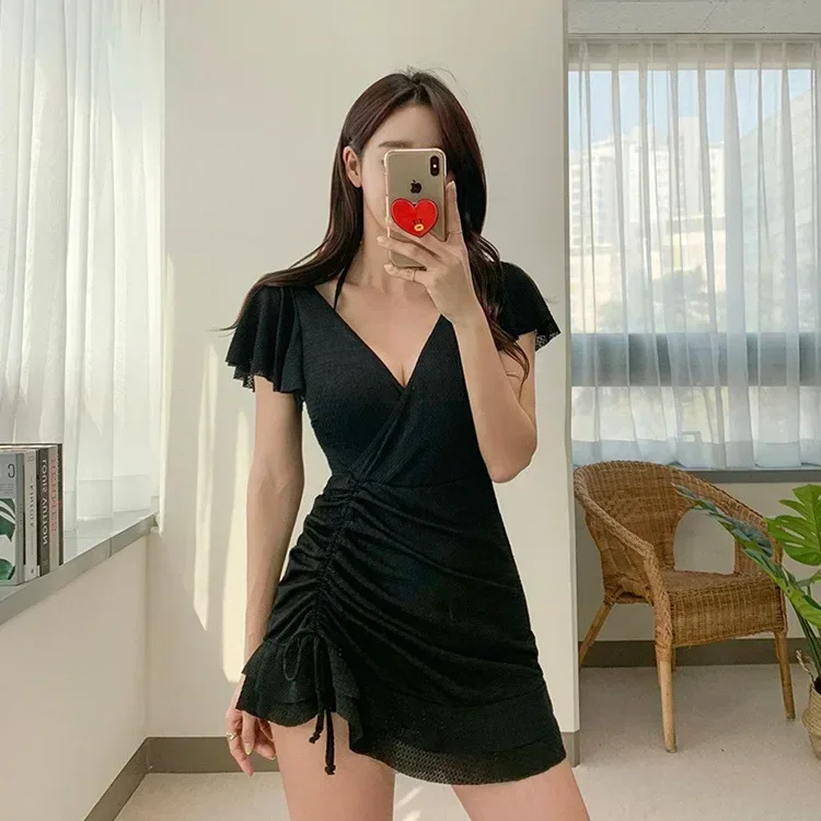 Swimsuit Women Summer V Neck One-piece Swimwear Female Skirt Bathing Suit Push Up Slimming Korean Swimdress