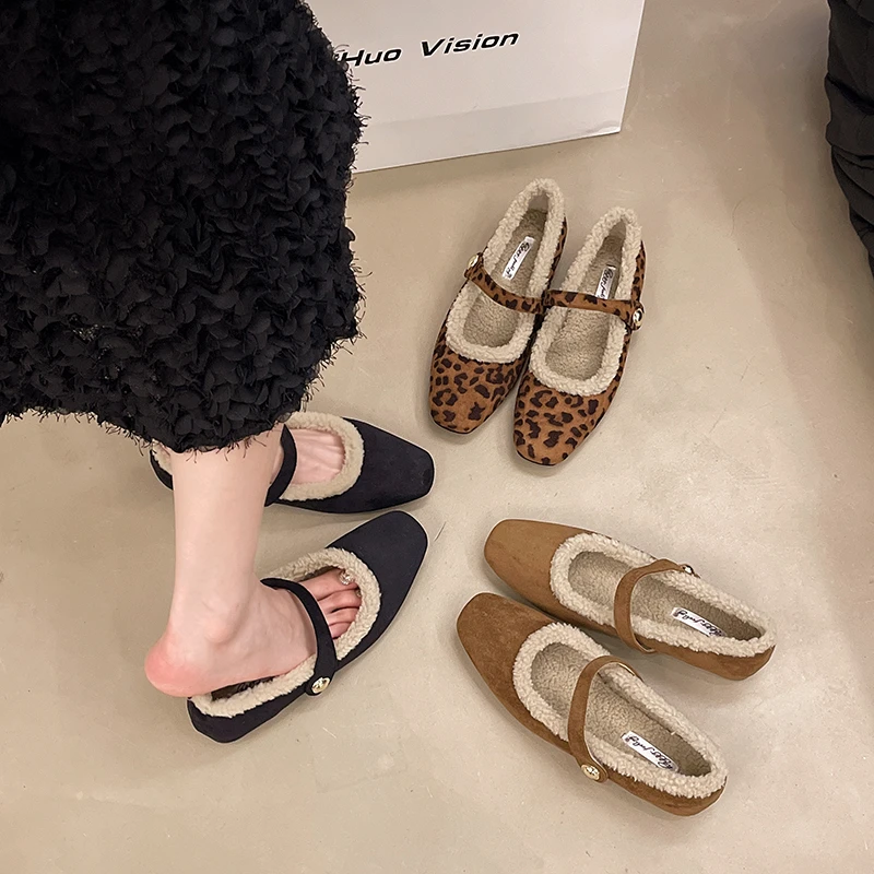 Aphixta Leopard Loafers Square Heels Shoes Furry Warm Women Square Toe Casual Woman Shoes Classic Autumn Winter Marry Janes