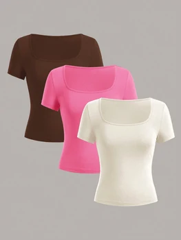 3 pieces  Summer Slimming T-shirt Women's Sexy Short Sleeve T-shirt U-neck Women's Solid Color Basic Korean Top Hot Y2k 1