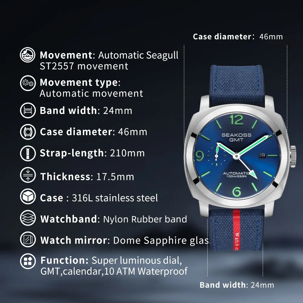 seakoss GMT 腕時計 ブルー 45mm オマージュ Amazon.com: SEAKOSS Men's 45mm GMT 10ATM Diving Automatic