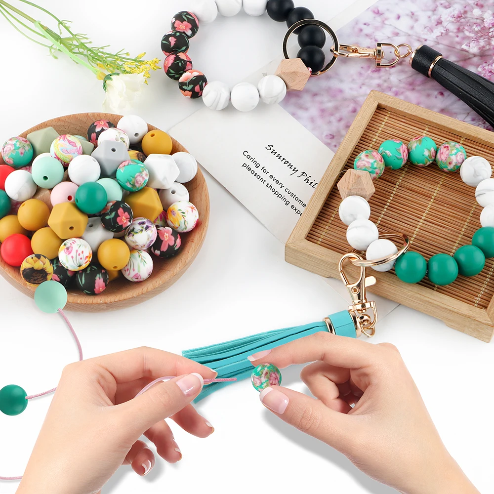 Kovict 110Pcs/Set Silicone Beads Round Lentil Hexagon Loose