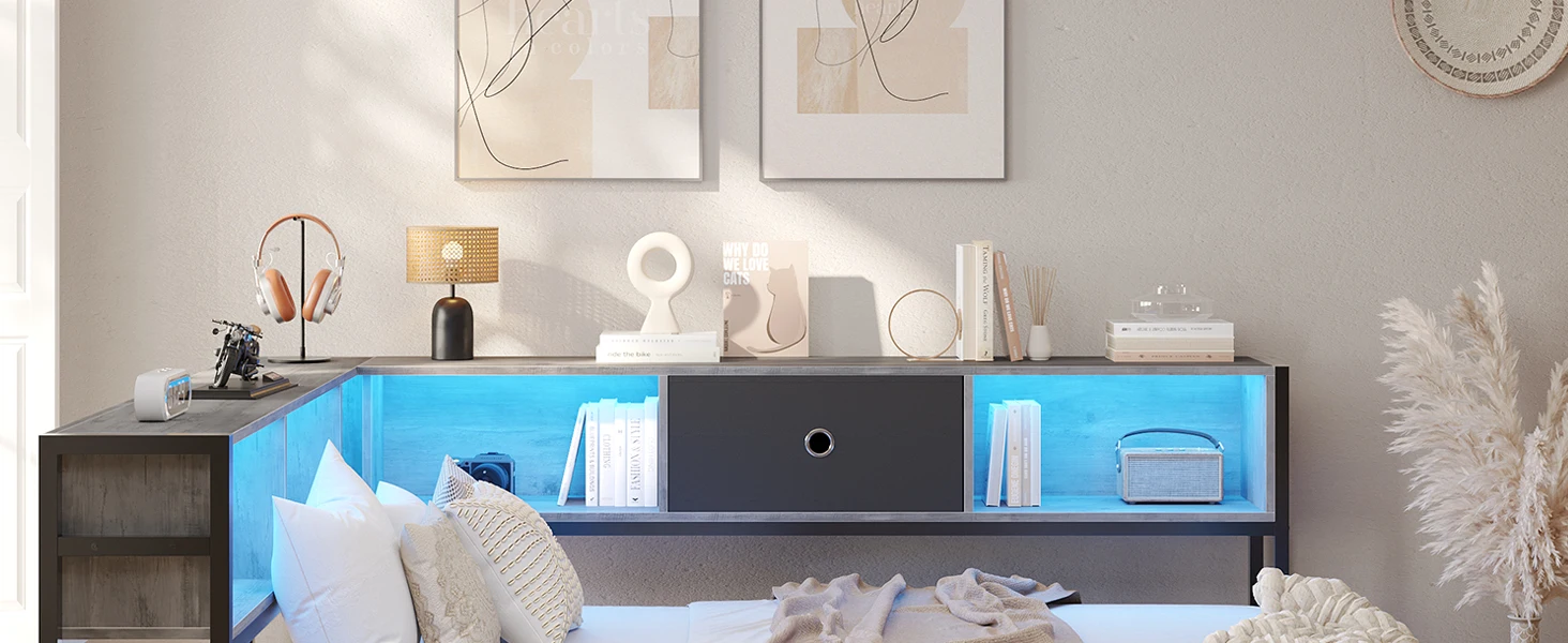 corner bed frame full size with LED lights and charging station