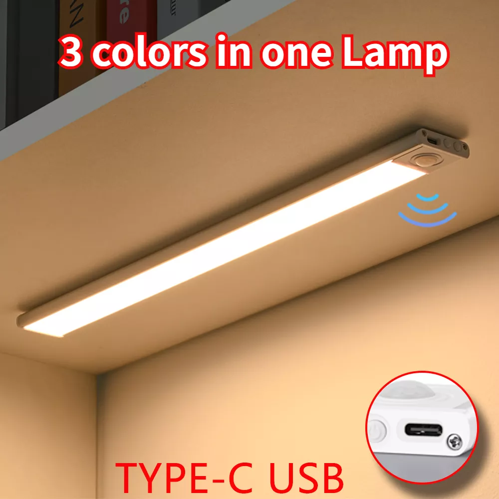 Sensor de Movimento Luz Noturna LED, Luzes USB Tipo C, 3 Cores em 1, Lâmpada para Armário de Cozinha, Quarto, Roupeiro, Iluminação Interior