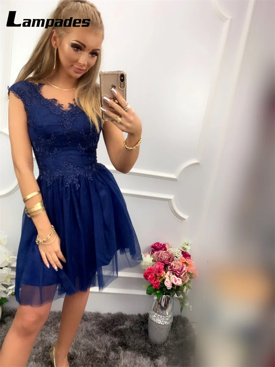 Sheer V-neck Dark Blue Tulle Short Cocktail Dress Short Party Dresses For Weddings Woman Guest Graduation Dresses