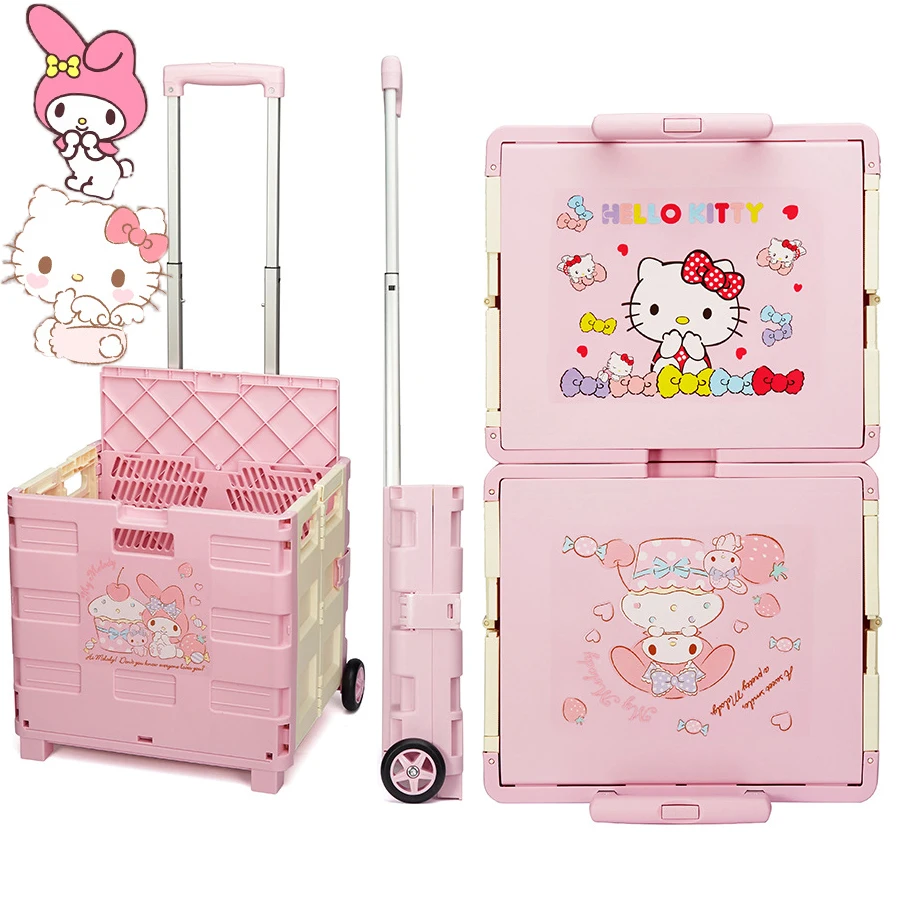 

Kawaii Sanrios My Melody Anime Cartoon Plastic Folding Shopping Cart With Wheels multifunctional Portable Trolley Car Gift