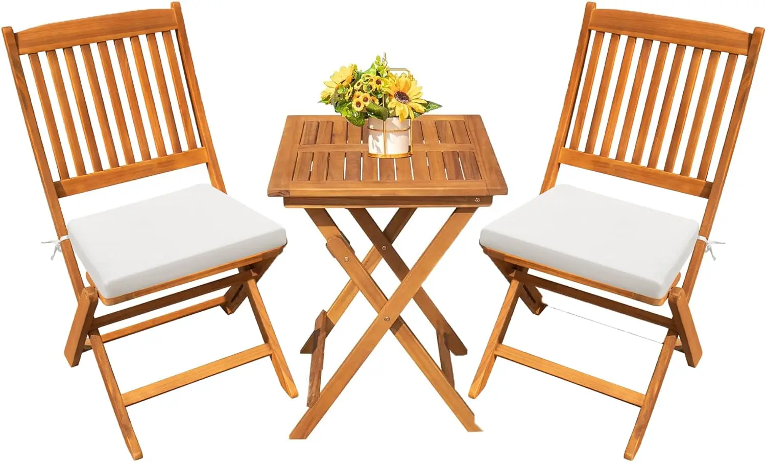 Outdoor 3 Piece Folding Patio Bistro Set Acacia Wood Bistro Table and Chairs Set of 2 for Garden Poolside Backyard Balcony Porch
