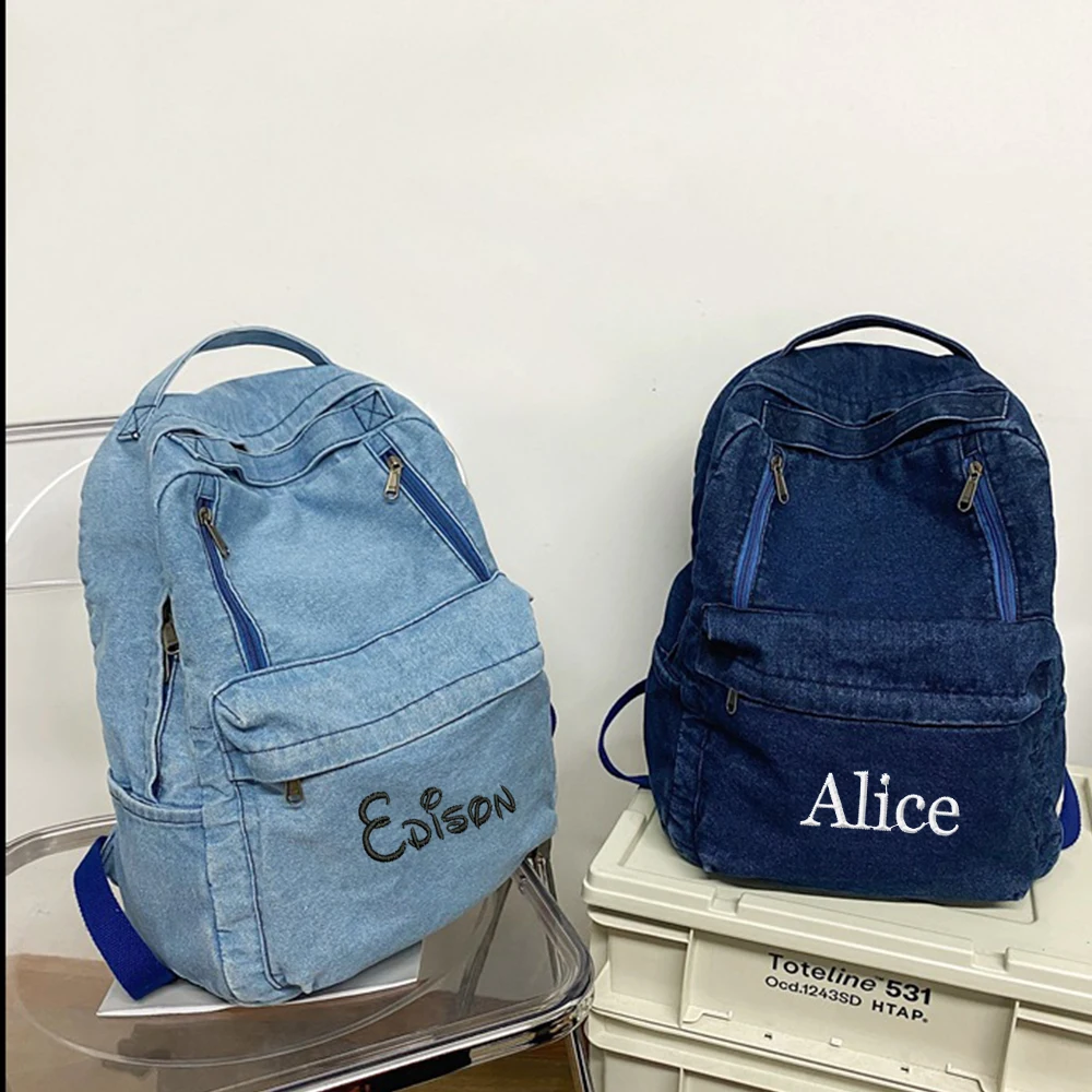 

Large Capacity Denim Backpack Custom Embroidered Name Boys Girls Travel Backpack Personalized Daily Rucksack with Any Names