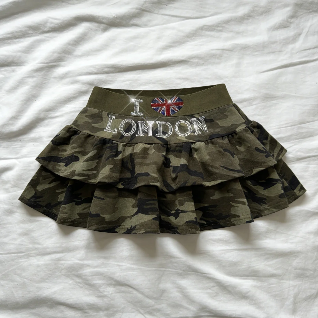 Women's Casual Daily Fashion Green Embellished Camo Print Rhinestone Detail High Waist Tiered Ruffle Fitted Mini Skirt 2026 5