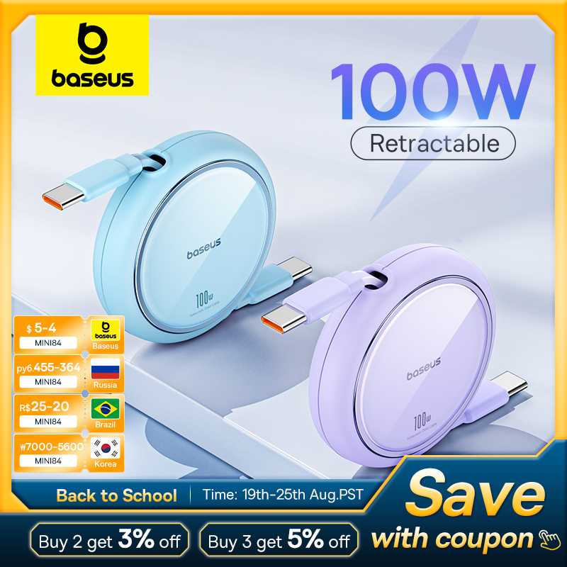 Baseus 2/5PCS Retractable USB C to USB C PD Cable for iPhone 15 Pro Max PD Fast Charging Data Cord Type C Charger Cable Wire