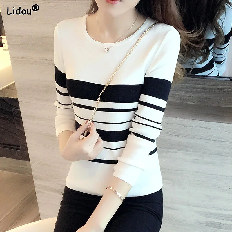Skinny Round Neck Solid Striped Patchwork Casual T-Shirts Bottoming Simplicity Women\'s Clothing Temperament Thin Autumn Winter