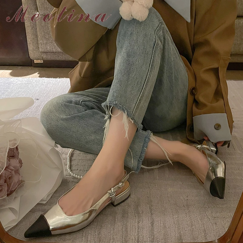

Meotina Women Pointed Toe Flats Buckle Mixed Colors Slingbacks Ladies Fashion Shallow Shoes Spring Autumn Silver White 40