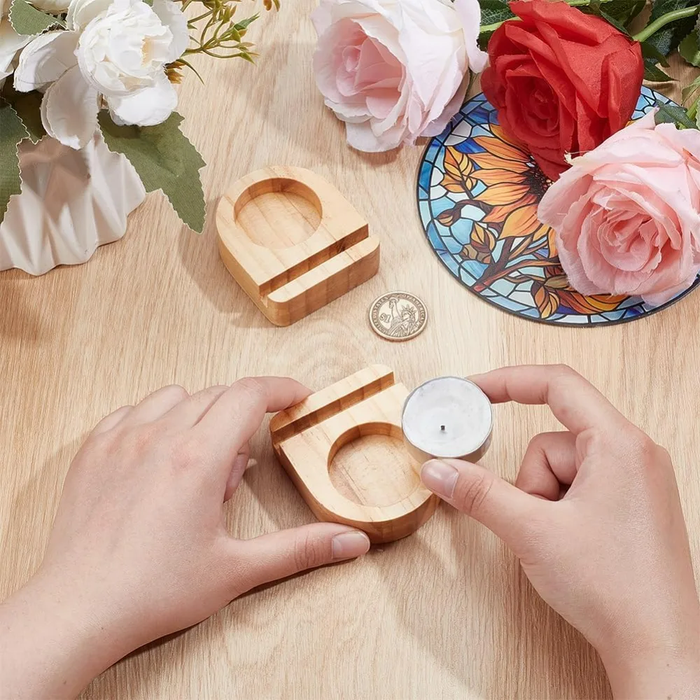 2 Pcs Wooden Glass Display Stands with Candle Holder 2.75x2.36 Inch Arch Wooden Pedestal Wood Base Stand for Glass Display Party