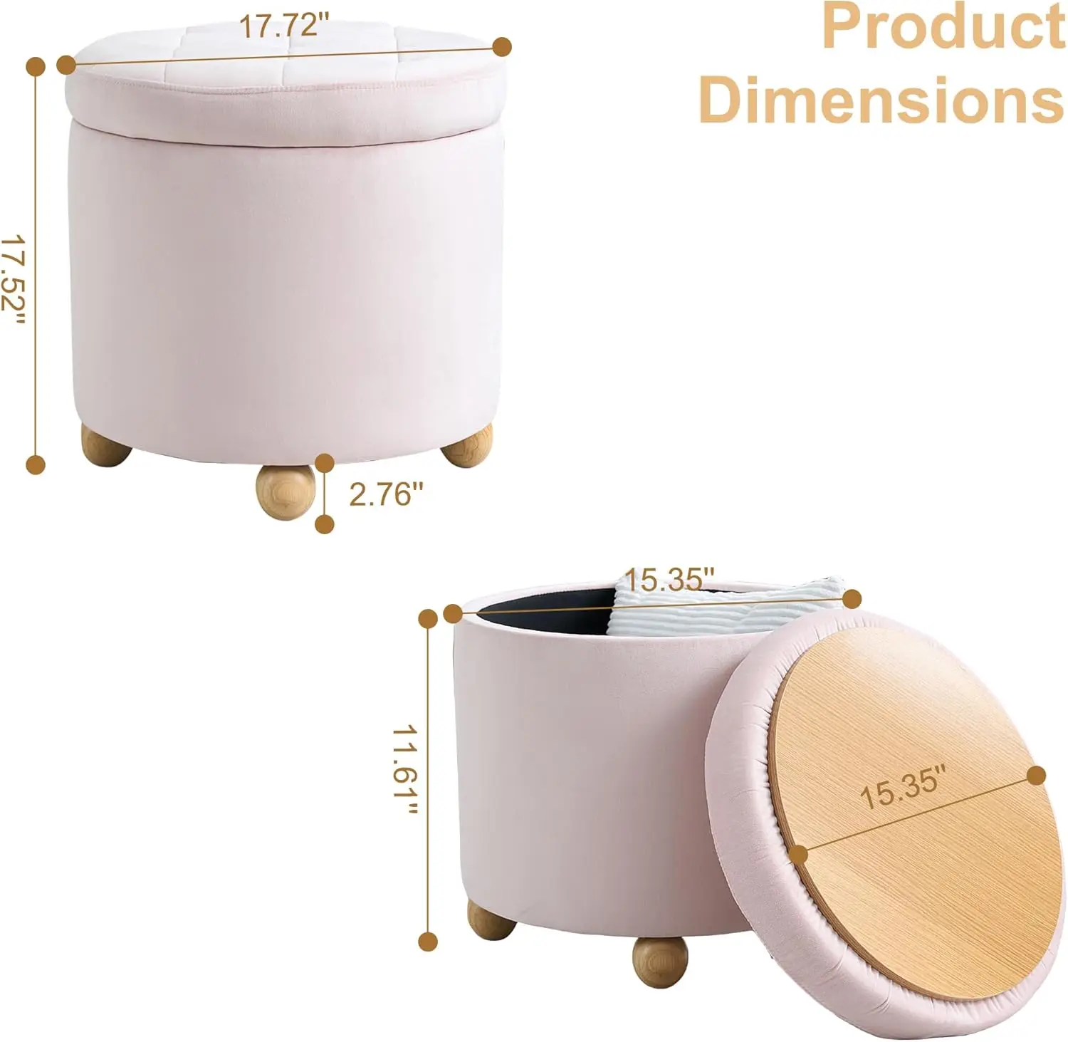 Round Storage Ottoman with Tray, Modern Tufted Fabric Foot Rest Ottoman with Wooden Spherical Feet Round Vanity Stool