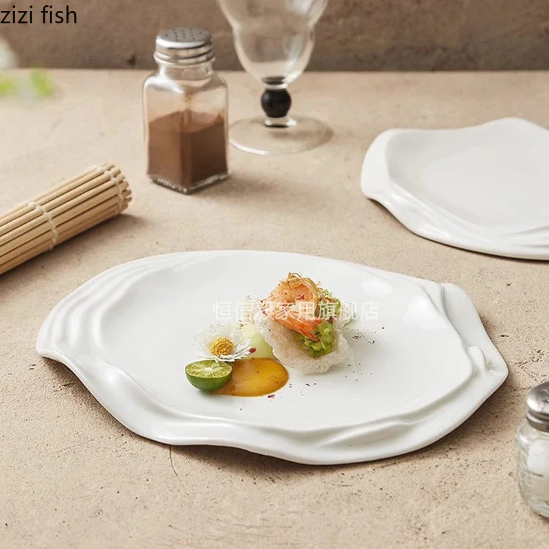 Pure White Water Ripple Ceramic Dining Plate Restaurant Creative Dessert Plate Pasta Snack Plates Specialty Tableware
