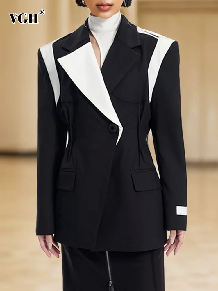 

VGH Colorblock Casual Blazers For Women Notched Collar Long Sleeve Spliced Button Temperament Tunic Blazer Female Fashion New
