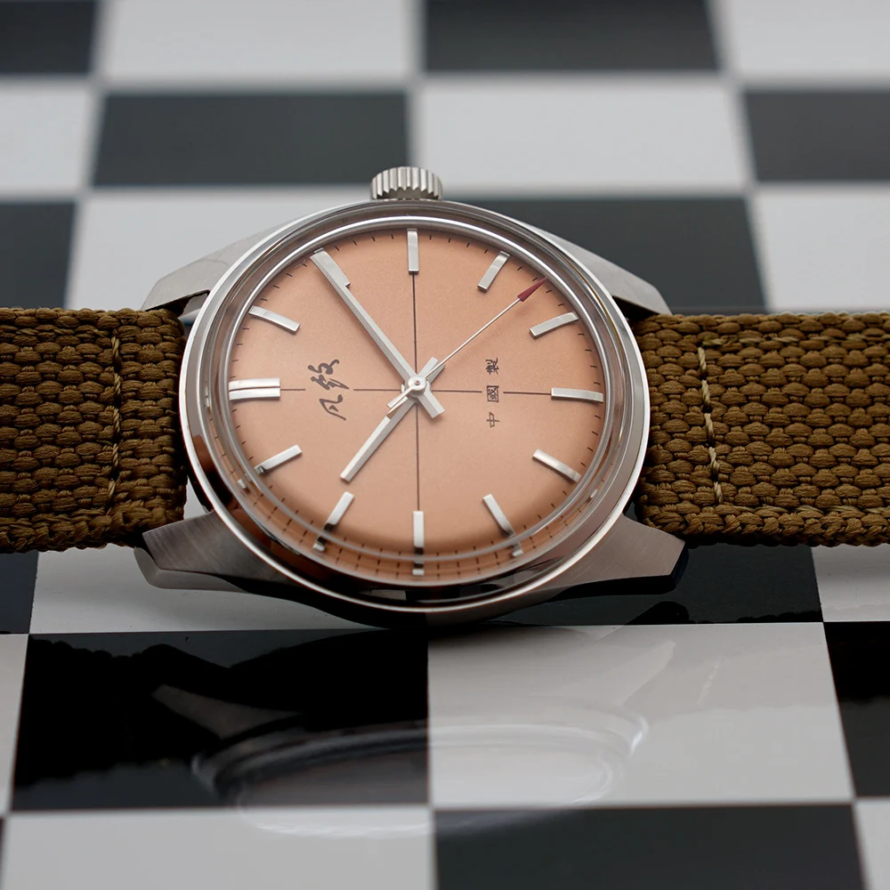 Merkur Watch Vintage Handwind Mechanical Watch for Men Rose Red Dial Casual Dress Watches Reloj Hombre