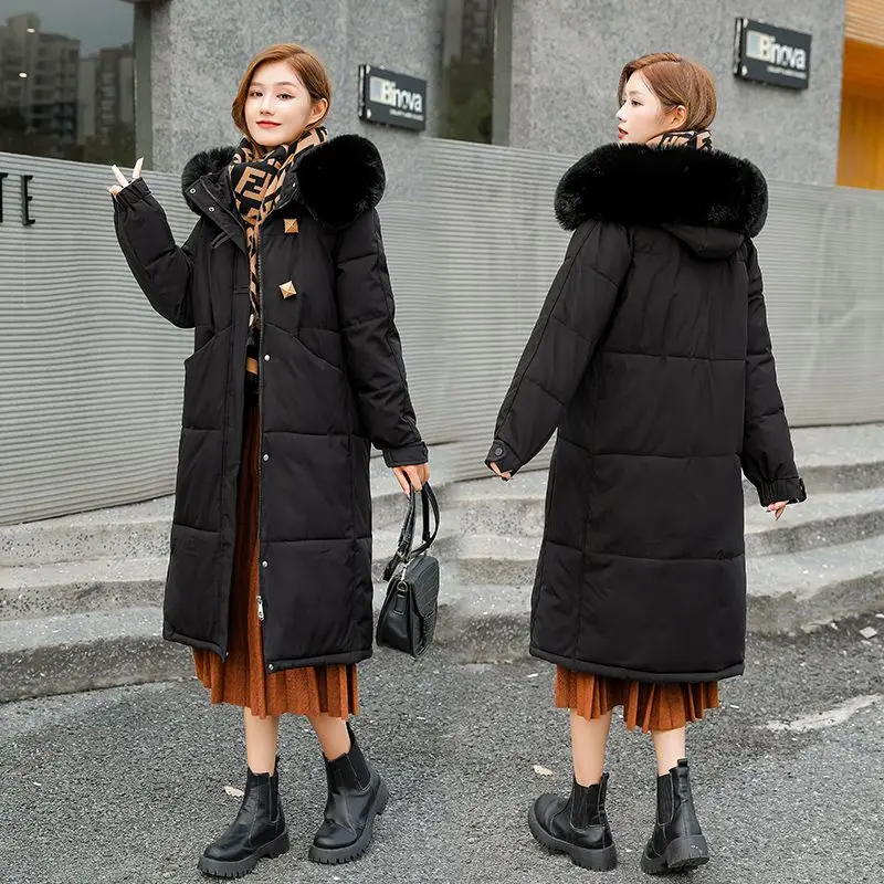 2024 New Women Down Cotton Coat Winter Jacket Female Baggy Long Parkas Thicken Hooded Warm Outwear Solid Color Casual Outcoat