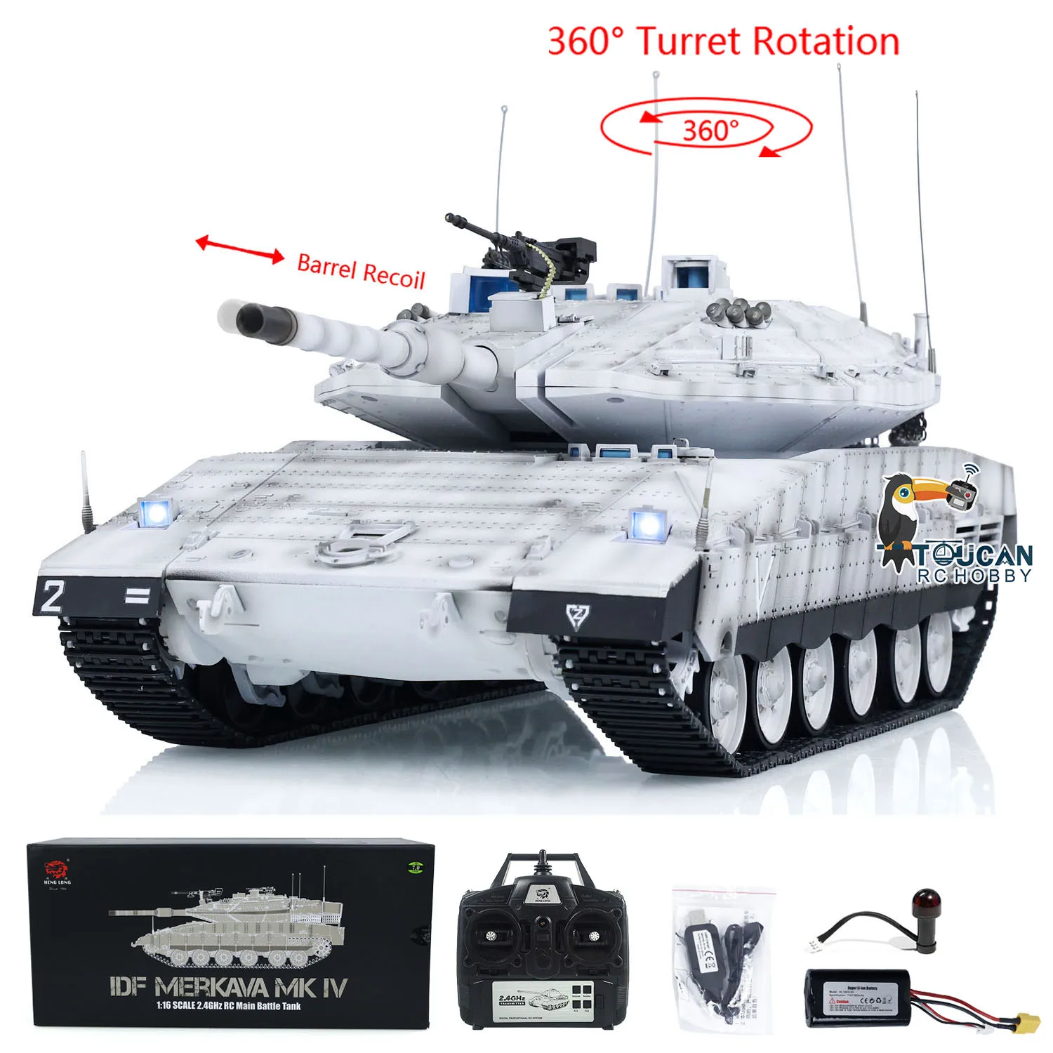 1/16 Heng Long Military RC White Tank Plastic IDF Merkava MK IV 3958 Turret 360° Rotary Barrel Recoil Panzer Model Toys TH23437 2