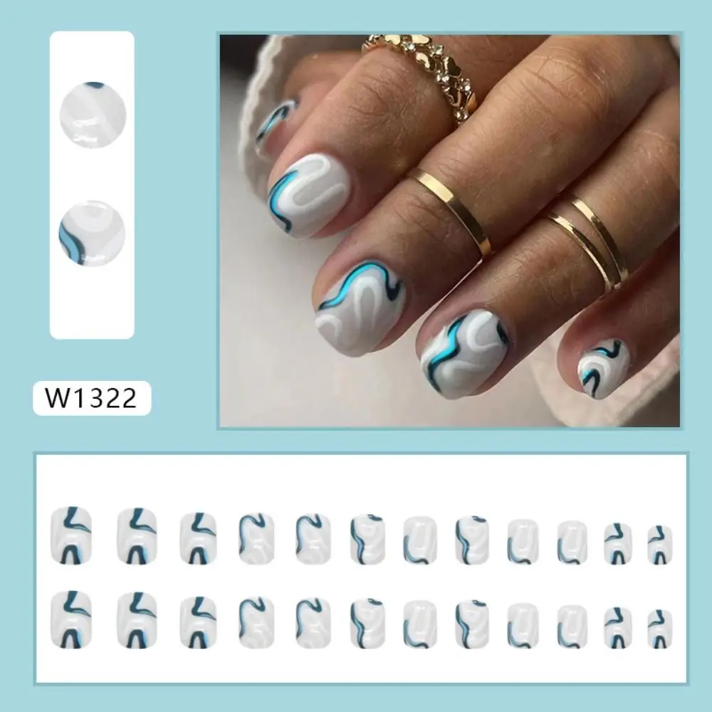 Fashion Short Round False Nails Blue Sparkling Pearl Fake Nails Full Cover Blue White Wavy Nail Tips for Salon