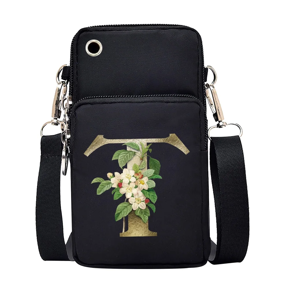 Unisex Mobile Phone Case Bags for Huawei Xiaomi iPhone Shoulder Satchels Women Pouch Golden-flower 26 Letters Series Wrist Pack