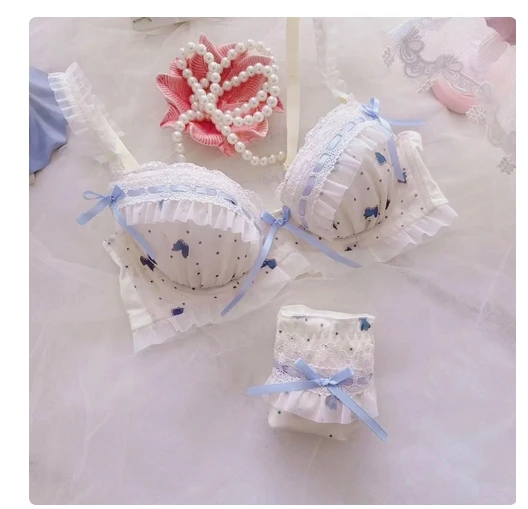 

Winter Lolita Japanese bra and panty set water-soluble ribbon two-color thin cup bra set girls cute gathered sexy lingerie brie