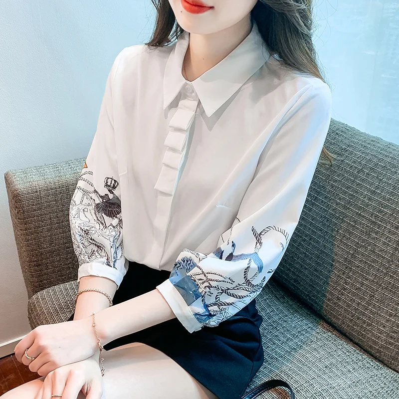 Printed White Women Shirt Three Quarter Blouse Fashion Womens Tops Fold Button Shirts and Blouses Autumn Elegant Female Clothing three fold auto open auto close umbrella ox style steel shaft fiberglass windproof colour coating uv protecting pocket parasol