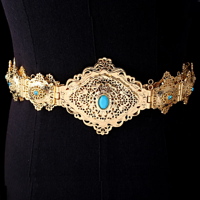 Classic Moroccan Caftan Dress Waist Belt Gold Plated with Rhinestone Middle East Muslim Wedding Belts Ethnic Birdal Chain Belts